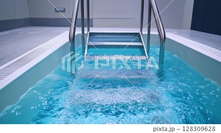 Swimming pool with ladder and blue water in a spa center. 128309628