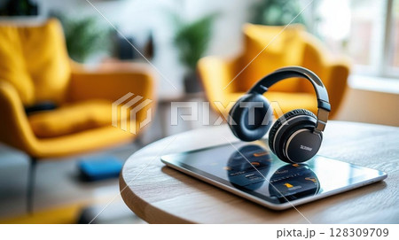 Modern headphones and tablet on wooden table in cafe. Music concept. 128309709