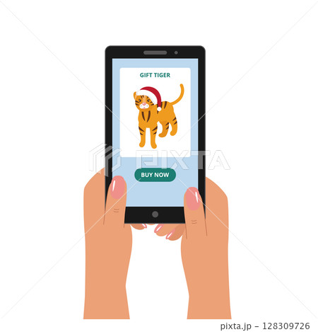 Online shopping for Christmas and New Year gifts. Women's hands are holding a smartphone. There is a tiger toy on the screen. Vector flat illustration. 128309726