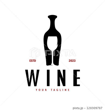 Wine logo with wine glasses and bottles.for night clubs,bars,cafe and wine shops. 128309787