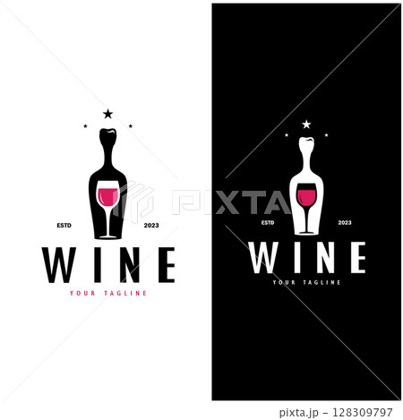 Wine logo with wine glasses and bottles.for night clubs,bars,cafe and wine shops. 128309797