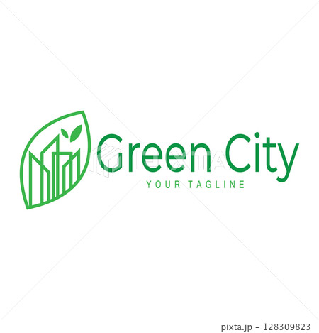 green and healthy modern city with leaf logo design for business, property, building, eco city, future city, architect, environmentally friendly 128309823