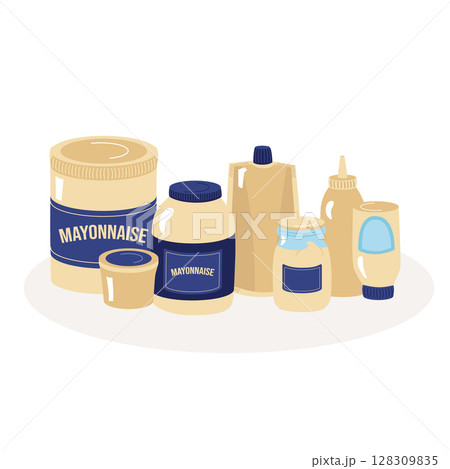 Mayonnaise of various types, jars with sauce, glass, plastic bucket, bag with a bottom. Vector illustrations in a cartoon flat hand-drawn style. For design, banner, advertising 128309835