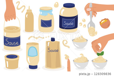 Mayonnaise various types of jars with sauce, glass, plastic buckets, a bag with a bottom, bowls, drops and drips. Beautiful hands for design. A set of vector illustrations in a cartoon flat hand-drawn 128309836