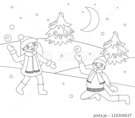 Kids have fun playing snowballs in winter outdoor coloring book. Moon, Christmas tree, mittens, felt boots. New Year vector linear illustration. 128309837