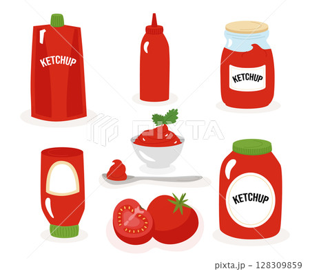 Ketchup different types of packaging, jar, glass, bottle, bag with bottom, sauce dispenser, bowl, spoon. Vector illustrations in a cartoon flat style. For labels, design, banners, advertising 128309859