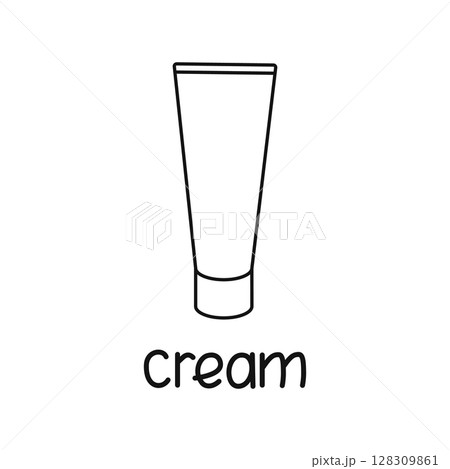 Icon is a linear tube of cream with text. Contour symbol for cosmetics, website design. Vector isolated illustration. 128309861