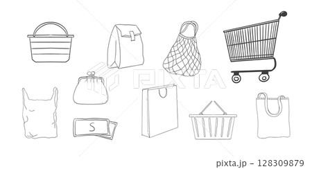 Shopping cart empty trolley doodle, supermarket basket, bag, net shopper simple line. Craft bag, trade icon set, sketch grocery shopping. 128309879