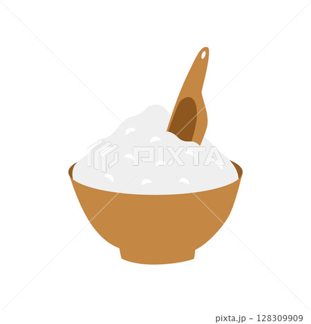 Baking white flour in a cup and a scoop. Vector illustration in a cartoon flat style. For postcards, labels, design, banners, advertising 128309909