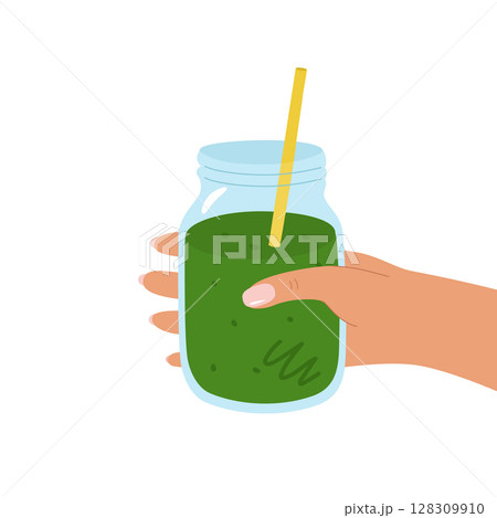 A woman's hand holds a jar of green smoothie. The concept of healthy food. Vector illustration isolated for design. 128309910