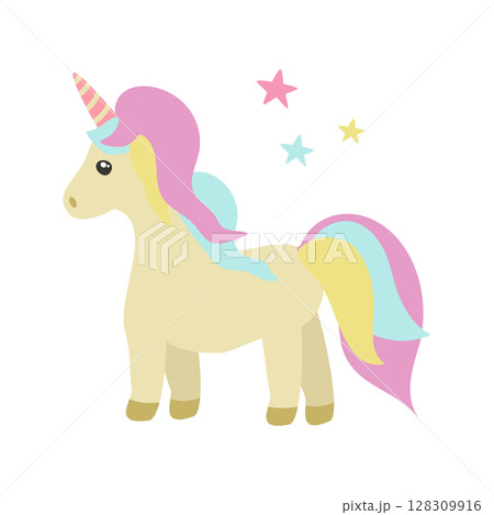 Cute unicorn in soft pastel colors. Tail and mane color of the rainbow. Vector. In the style of hand drawing. Cute unicorn in soft pastel colors. Tail and mane color of the rainbow. Vector. In the style of hand drawing. 128309916