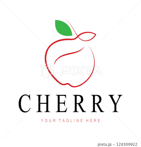 Fresh cherry fruit logo with minimalist leaf line art style. for fruit shop, cherry farm, cake, business, 128309922
