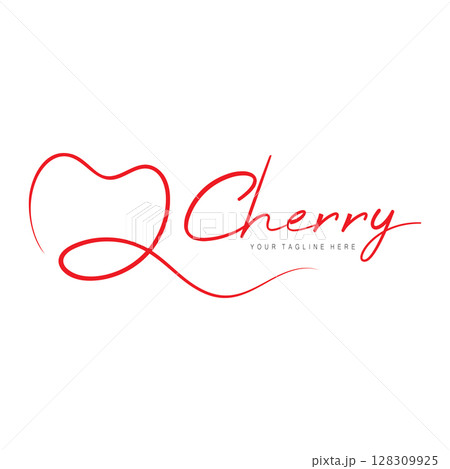 Fresh cherry fruit logo with minimalist leaf line art style. for fruit shop, cherry farm, cake, business, 128309925