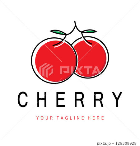 Fresh cherry fruit logo with minimalist leaf line art style. for fruit shop, cherry farm, cake, business, 128309929