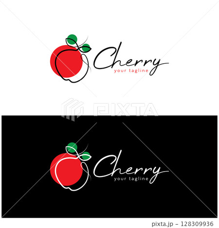 Fresh cherry fruit logo with minimalist leaf line art style. for fruit shop, cherry farm, cake, business, Fresh cherry fruit logo with minimalist leaf line art style. for fruit shop, cherry farm, cake, business, 128309936