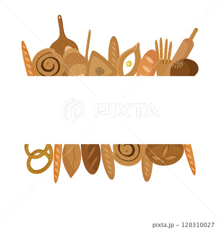 A frame for a text made of bread products. Buns, loaves, baguettes, pretzel, croissant. Vector illustration isolated. 128310027