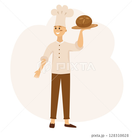 A baker holds fresh baked bread in his hands. Vector illustration isolated. For decoration, poster, postcard. A baker holds fresh baked bread in his hands. Vector illustration isolated. For decoration, poster, postcard. 128310028