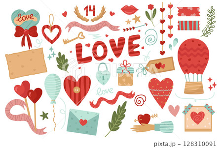 Set of romantic elements for Valentine's Day. Letter, heart, balloon, lips, gift, lock, rose, hand. Vector illustration in cartoon style for holiday decoration, design or decor on February 14. Set of romantic elements for Valentine's Day. Letter, heart, balloon, lips, gift, lock, rose, hand. Vector illustration in cartoon style for holiday decoration, design or decor on February 14. 128310091