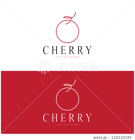 Fresh cherry fruit logo with minimalist leaf line art style. for fruit shop, cherry farm, cake, business, Fresh cherry fruit logo with minimalist leaf line art style. for fruit shop, cherry farm, cake, business, 128310195