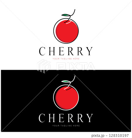 Fresh cherry fruit logo with minimalist leaf line art style. for fruit shop, cherry farm, cake, business, Fresh cherry fruit logo with minimalist leaf line art style. for fruit shop, cherry farm, cake, business, 128310197