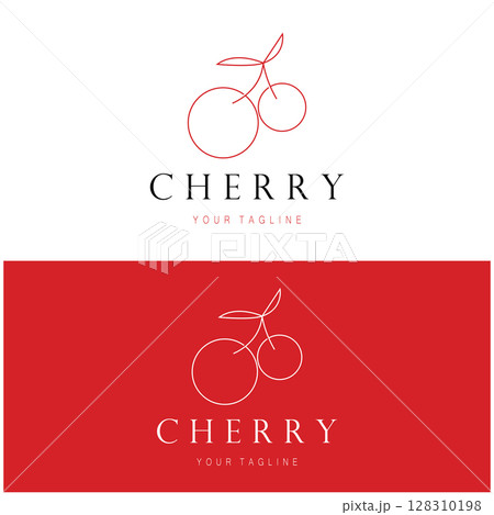 Fresh cherry fruit logo with minimalist leaf line art style. for fruit shop, cherry farm, cake, business, Fresh cherry fruit logo with minimalist leaf line art style. for fruit shop, cherry farm, cake, business, 128310198