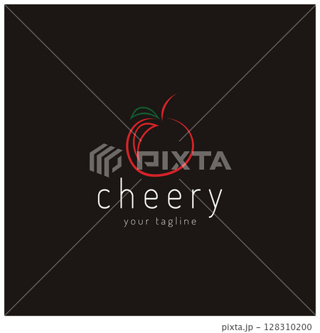Fresh cherry fruit logo with minimalist leaf line art style. for fruit shop, cherry farm, cake, business, 128310200