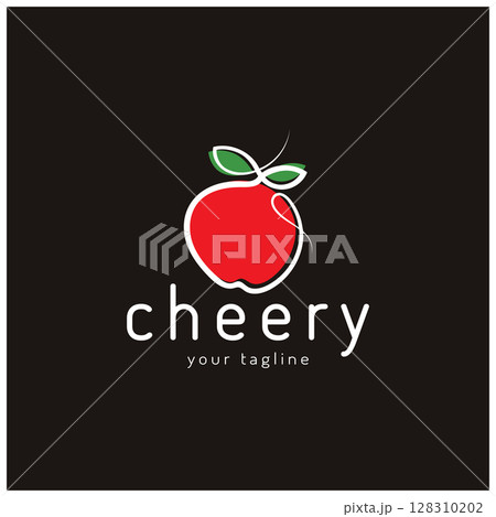 Fresh cherry fruit logo with minimalist leaf line art style. for fruit shop, cherry farm, cake, business, 128310202