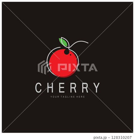 Fresh cherry fruit logo with minimalist leaf line art style. for fruit shop, cherry farm, cake, business, 128310207