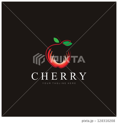 Fresh cherry fruit logo with minimalist leaf line art style. for fruit shop, cherry farm, cake, business, 128310208