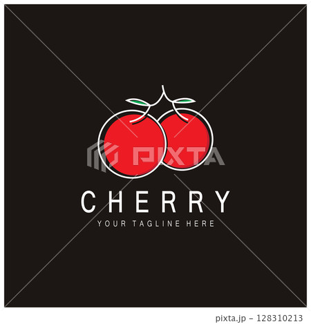Fresh cherry fruit logo with minimalist leaf line art style. for fruit shop, cherry farm, cake, business, 128310213