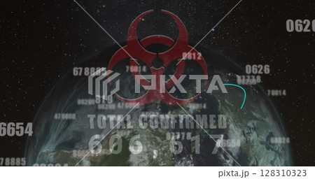 Multiple changing numbers over biohazard symbol with increasing cases against globe Multiple changing numbers over biohazard symbol with increasing cases against globe 128310323