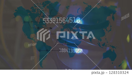 Multiple changing numbers over spots of light against world map Multiple changing numbers over spots of light against world map 128310324