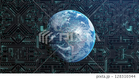 Image of network of computer circuit board with light trails flowing over globe Image of network of computer circuit board with light trails flowing over globe 128310344