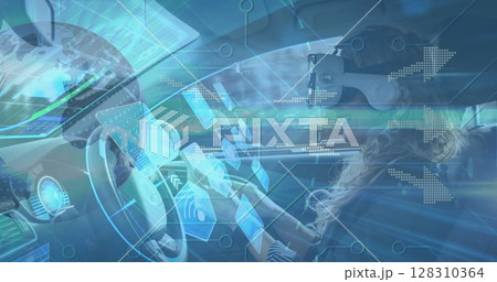 Digital icons against woman wearing vr headset using digital tablet in self driving car 128310364