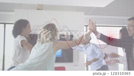 Financial data processing against group of office colleagues high fiving each other at office 128310365
