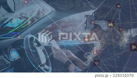 Image of connected icons with woman in vr headset using smartphone in self driving car 128310370