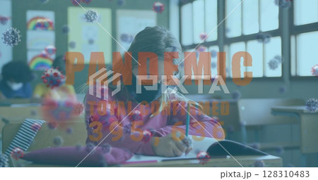 Pandemic text with increasing cases against school girl wearing face mask studying at school Pandemic text with increasing cases against school girl wearing face mask studying at school 128310483
