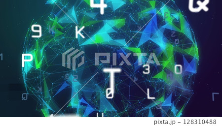 Multiple changing numbers and alphabets against spinning globe of network of connections 128310488