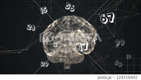 Multiple numbers floating and network of connections against spinning human brain 128310492