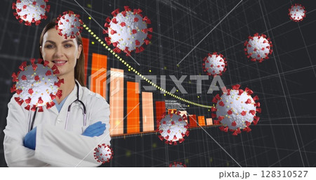 Image of covid 19 cells and statistics recording over female doctor smiling 128310527
