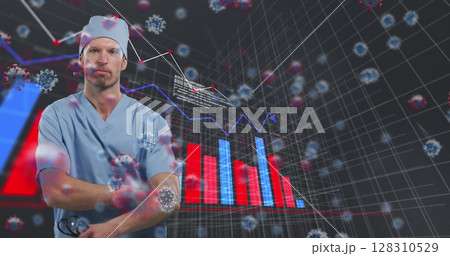 Image of covid 19 cells and statistics recording over male doctor 128310529
