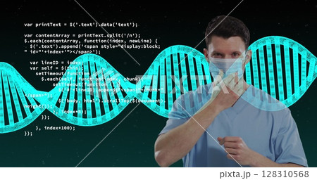Dna structure and data processing against caucasian male health worker adjusting his face mask 128310568