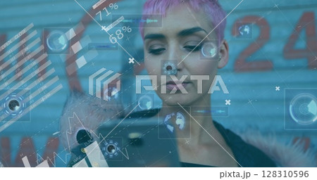 Statistical data processing and round scanners against woman using smartphone 128310596