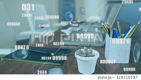 Multiple changing numbers and round scanners against equipment of desk at office 128310597