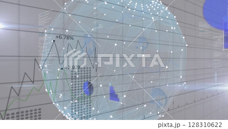 Image of globe with networks of connections, statistics recording and data processing 128310622