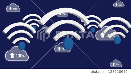 Image of wifi icons and digital clouds with percent growing on dark blue background Image of wifi icons and digital clouds with percent growing on dark blue background 128310653