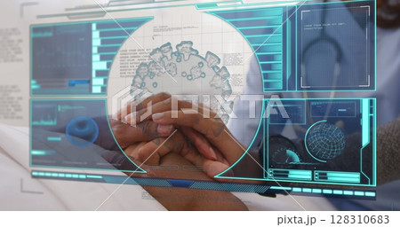 Image of covid 19 cell and scope scanning on digital screen over doctor and patient 128310683