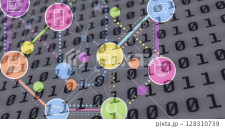 Image of network of digital icons over binary coding on grey background 128310739