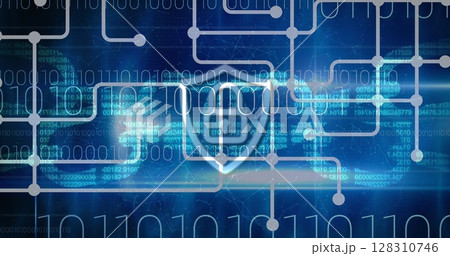 Image of digital online security padlock icon, binary coding over network of connections Image of digital online security padlock icon, binary coding over network of connections 128310746