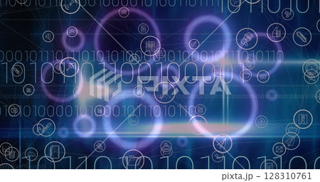 Image of digital icons and binary coding over purple glowing circles in background Image of digital icons and binary coding over purple glowing circles in background 128310761